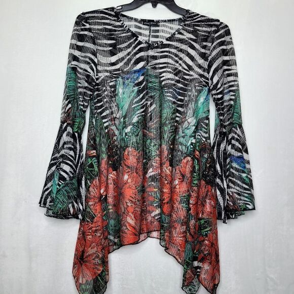 Dor Dor Couture Tropical Floral Zebra Print Bell Sleeve Mesh Tunic Size Small - Picture 1 of 9
